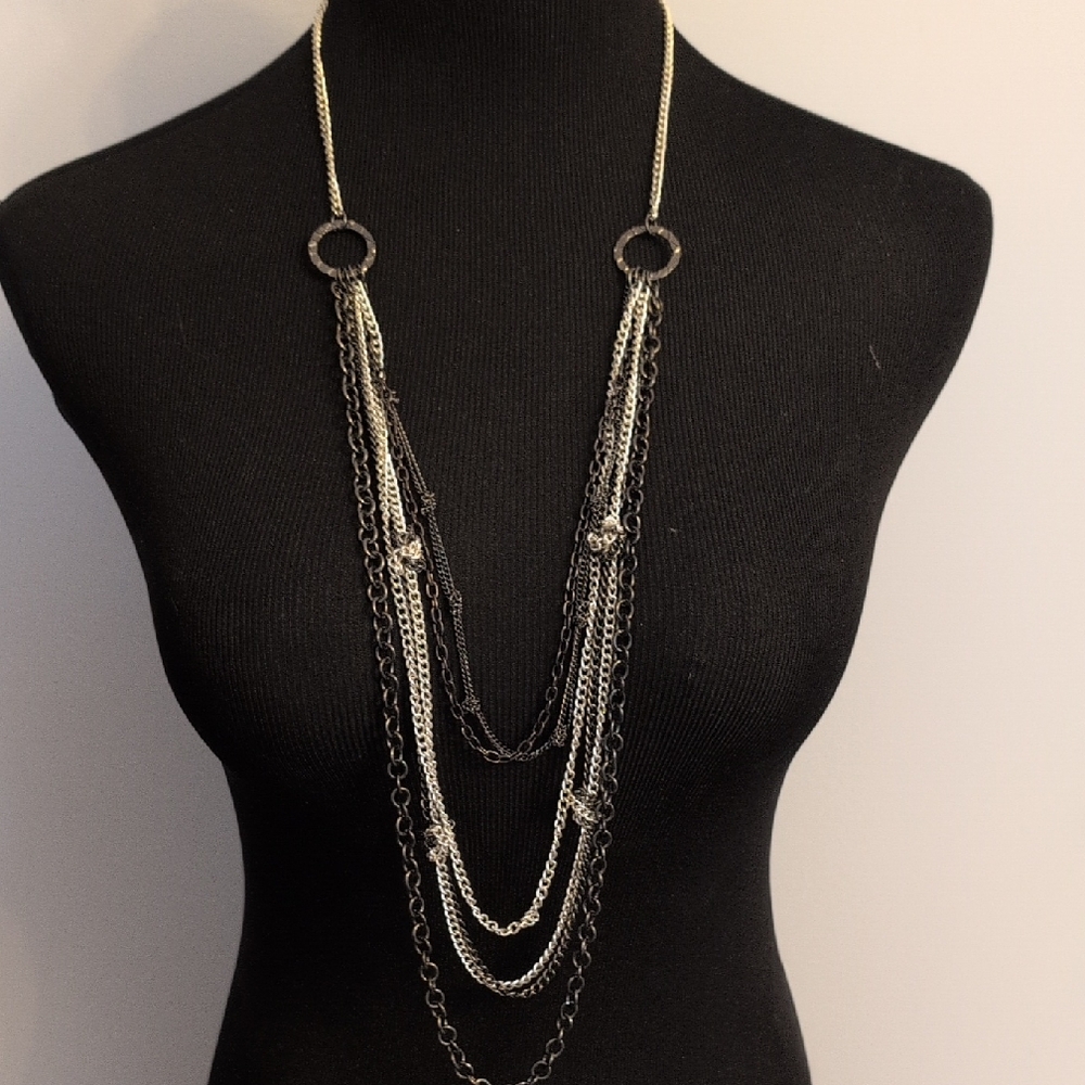 Multi-Chain Layered Silver & Black Necklace